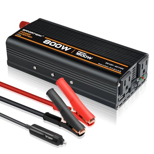 800W Power Inverter, Inverter 12V to 110V with 2 AC Outlets, 2.1A USB Port, Car Power Inverter with Alligator Battery Clamp for Phone, Laptop on Camping, Road Trip - size: 800W