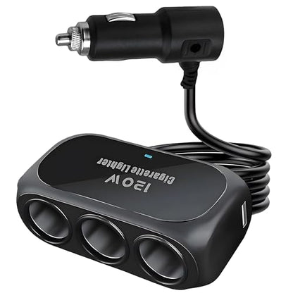 120W 3 Socket Car Cigarette Lighter Adapter,3 Socket Splitter with 2 USB Ports,12V/24V Universal Multi-Port Car Charger with 6-Layer Safety & LED Indicator for Dash Cam GPS Phone Truck SUV