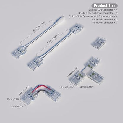 PAUTIX 8mm Connectors for 2-Pin COB LED Strip Lights,4pcs Transparent Gapless Connectors,4pcs Dual End,1pc Single to DC Female Plug 7.9in Extension Wire,2pcs L-shaped Connectors,1pc T-shaped Connector - size: 8mm Cob Connectors/Upgraded Set