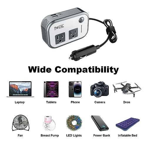 FOVAL 200W Car Power Inverter, DC 12V to 110V AC Car Laptop Charger Fast Charger Converter with [27W PD USB-C] & Dual USB Ports Multi-Protection Car Outlet Adapter Power Inverter for Vehicles