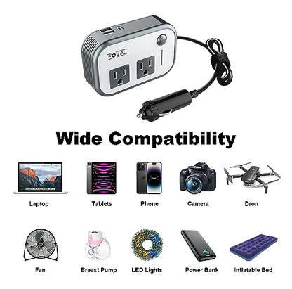 FOVAL 200W Car Power Inverter, DC 12V to 110V AC Car Laptop Charger Fast Charger Converter with [27W PD USB-C] & Dual USB Ports Multi-Protection Car Outlet Adapter Power Inverter for Vehicles