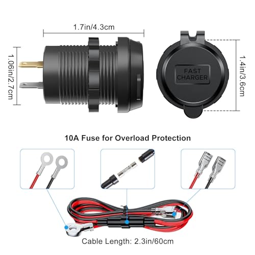 DC 12V-24V Car Charger Socket with Dual PD Type-C & QC3.0 USB Ports Waterproof Cap Fast Charger for Marine Boat Truck