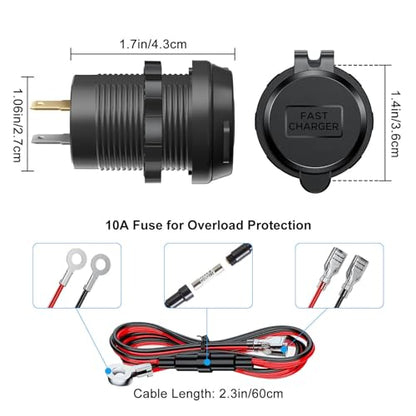 DC 12V-24V Car Charger Socket with Dual PD Type-C & QC3.0 USB Ports Waterproof Cap Fast Charger for Marine Boat Truck