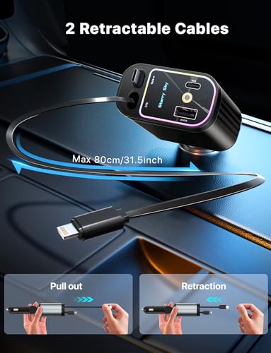 Starlight Retractable Car Charger with Retractable Cables, Starlight in Car Roof 4 in 1 Super Fast USB C Car Phone Charger, 2 USB Ports Starry Sky Adapter, Compatible with iPhone 17 16 15 14 - color: Deep Black