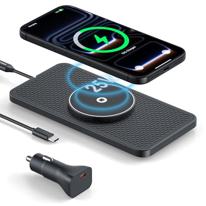 25W Magnetic Wireless Car Charger Pad, REESTECQI for MagSafe Car Charger with 45W USB-C Car Charger, Anti-Slip Wireless Charging Pad for Car Compatible with iPhone 17 16 15 14 13 12 (30CM Cable)