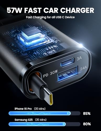 Lamicall Retractable Car Charger USB C 57W Charging for iPhone 17 16 15 - color: Upgrade-Black