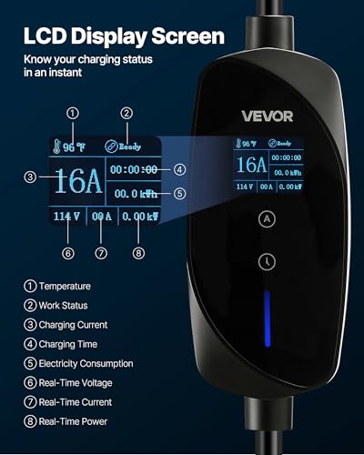 VEVOR Level 1 & Level 2 EV Charger, 16 Amp Portable Electric Vehicle Charger with 25 ft Cable, NEMA 6-20P Plug & 5-15 Adapter, J1772 Home Charging Station, LCD Display, IP66 Weatherproof