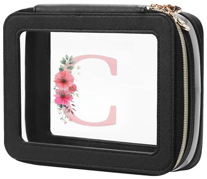 Relavel Personalized Initial Clear Makeup Bag, PU Leather Waterproof Travel Toiletry Bag with Zipper, Portable Skincare Pouch Car Organizer Bag, Idea Gifts for Women Girls, Black C - size: Medium, style: C