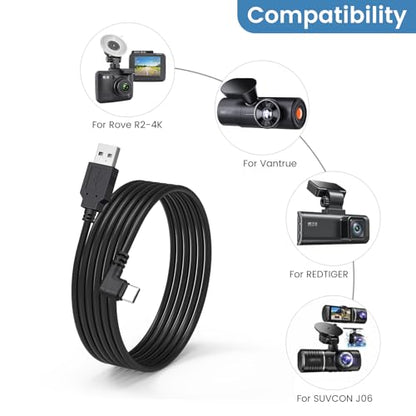 USB C Dash Cam Power Cord for Dashcam Rear View Mirror Camera, 90-Degree - size: 11.5ft A to C