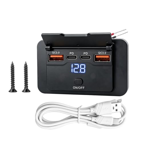 72W 12V USB Outlet Panel Wall Mount Dual PD3.0 & Dual 18W QC3.0 Fast Charging,4 Port Charger Socket Surface Mount with LED Voltmeter and Button Switch for RV Boat Bus Marine Motorcycle Golf Cart Truck - color: 1Pack