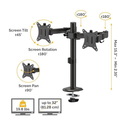 Fellowes Everyday Adjustable Dual Monitor Arm – Holds Two Screens up to 32" (inch) Weighing 19.84 lbs Each, Tilt, Swivel, Rotate, VESA 75/100, Clamp or Grommet Mount, Cable Management - style: Everyday Dual Arms