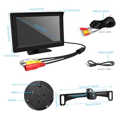 License Plate Backup Camera with 5in Monitor, 170 Degree Wide Angle DIY Grid Lines Waterproof Reverse Rear View Camera Systems for Truck Car Trailer SUV - size: 5''+License plate camera