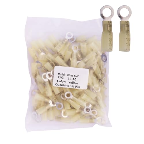100PCS Yellow 1/4" Heat - Shrink Ring Connectors, AWG 12-10 Gauge Tinned Red Copper 0.7mm Ring Terminals Connectors – an Efficient and Reliable Electrical Connection - color: Yellow, size: Ring 1/4"