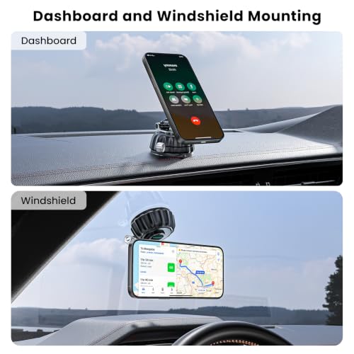 Strong Suction Cup Magnetic Car Phone Holder for iPhone & Android Phones, Shock-Resistant Phone Mount for Dashboard Windshield, 360° Rotation, Heavy-Duty, Foldable, Hands-Free, Ideal for Navigation - color: Black