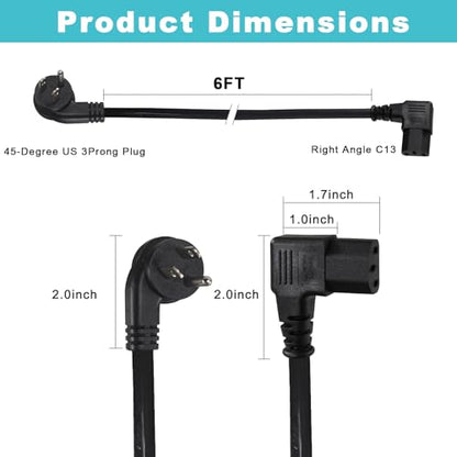 6FT Replacement Computer Monitor Power Cord - Low Profile Flat Plug NEMA 5-15P to Right Angle C13 Power Cord, 13A 125V, 16AWG, Black Replacement Printer/TV/PC 3 Prong AC Power Cord - size: 6FT