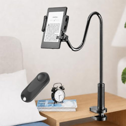 Kefotic Bedside Tablet Holder for Kindle Reading in Bed with Remote Page Turner, Hands Free Desk Gooseneck Stand for Kindle Accessories, Gifts for Readers