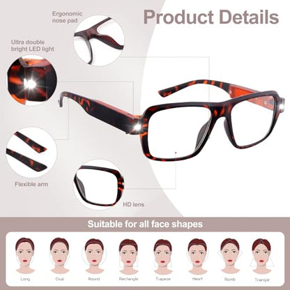 LED Reading Glasses USB Rechargeable, Lighted Readers for Seniors - color: Demi