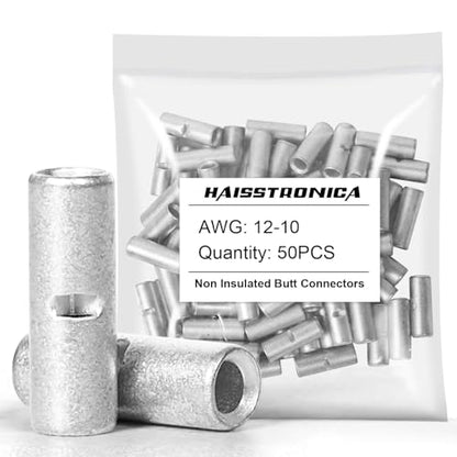haisstronica 50PCS Non-Insulated Butt Connectors AWG 12-10 Tinned Copper - size: 12-10 AWG