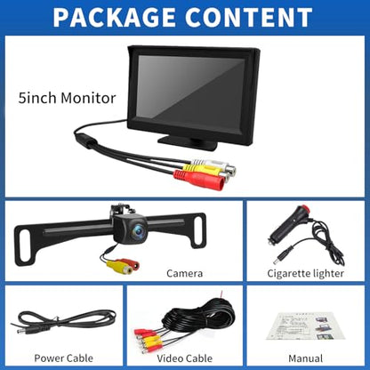 License Plate Backup Camera with 5in Monitor, 170 Degree Wide Angle DIY Grid Lines Waterproof Reverse Rear View Camera Systems for Truck Car Trailer SUV - size: 5''+License plate camera