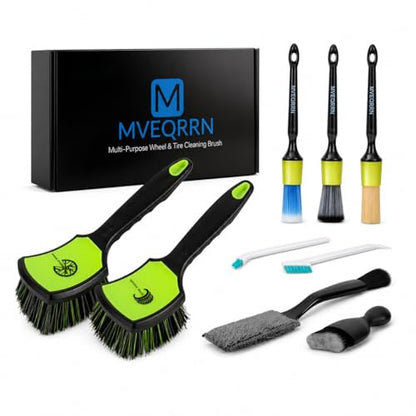MVEQRRN 9PCS Boar Hair Car Detailing Brush Set,Car Wheel Brush Kit (Green) - color: 9pcs green detail wheel brush set