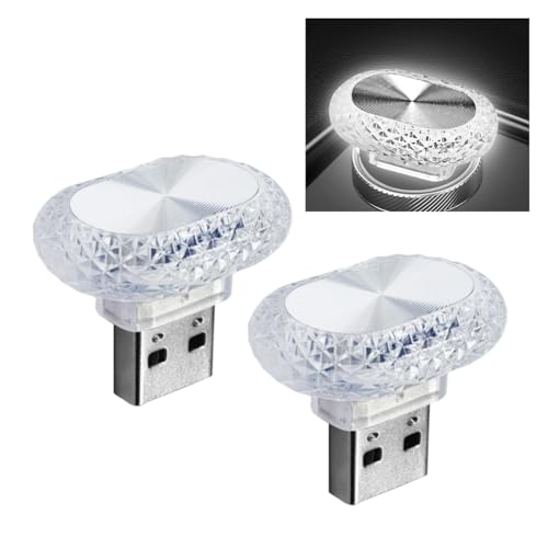 2PCS USB LED Car Interior Night Light, Crystal Mini Decoration Neno Ambient Light Car Interior Atmosphere Lamp, Plug-in USB Interface Auto Trunk Ambient Lighting Kit Universal for Cars (White) - color: White