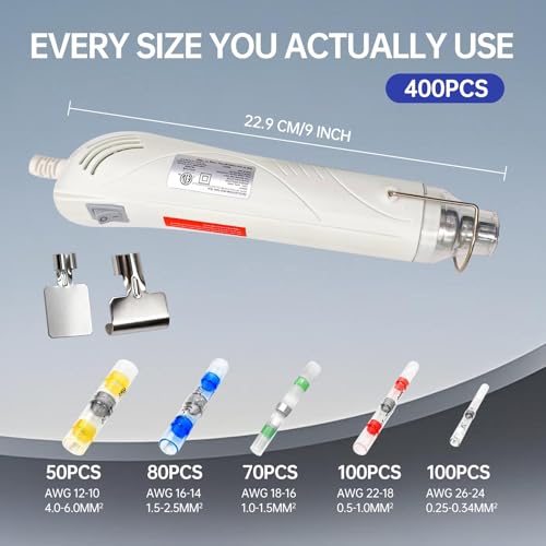 400PCS Solder Seal Wire Connectors Kit with Heat Air Gun, Heat Shrink Solder Butt Connectors Waterproof Electrical Terminals for Automotive Marine Boat RV Wiring Repair - style: 400PCS