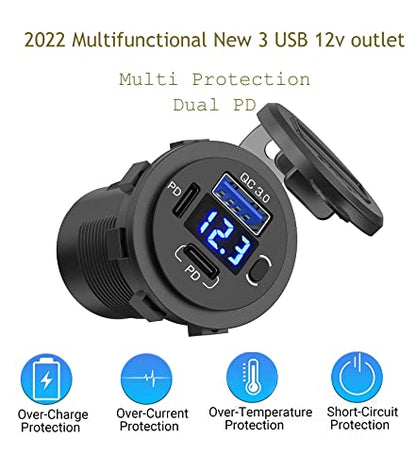 2 Pack 12V USB Outlet, QC3.0 & PD Dual Car Charger with Voltmeter & Switch - color: 2PD+1QC