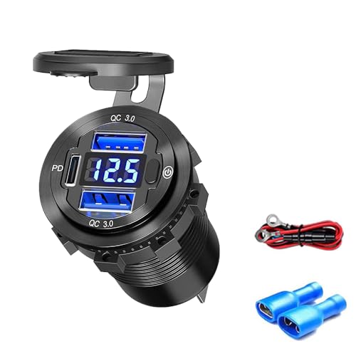 3 Ports USB Car Charger Outlet Socket for RV Bus Boats Truck, Total 72W - color: Blue Voltage Light
