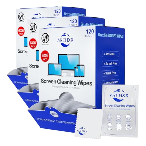 ARCHXX Screen Wipes for Electronics, 120 Count 6"x6" Pre-Moistened Screen Cleaner for Screens, Computer,Laptop,Tablet,Phone,Monitor,Car Screen Cleaner, Lens Wipes Individually Wrapped (Pack of 3) - size: 1 Count (Pack of 360)