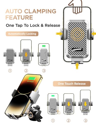 JOYMASS Wireless Car Charger, 15W Fast Charging Auto Clamping Car Charger Cell Phone Holder Mount Vent for iPhone 15 14 13 12 Mini Pro Max, Samsung Galaxy S24 Ultra S23 S22 S21+ Note 20, etc - Silver - color: SILVER