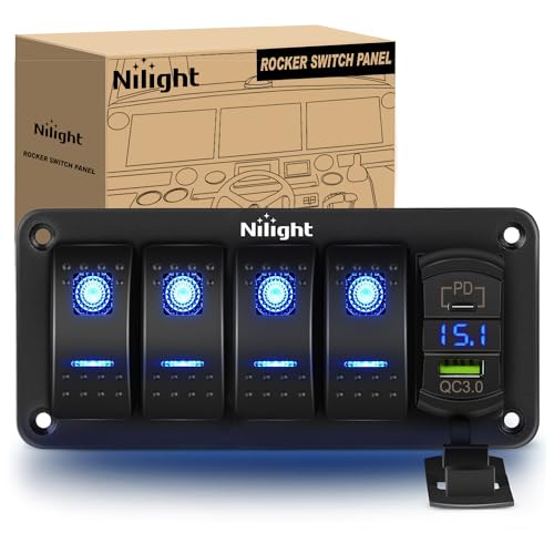 Nilight 4 Gang Rocker Switch Panel w/PD Type C and USB Socket Voltmeter - color: Blue, size: 5 Gang Type C +USB