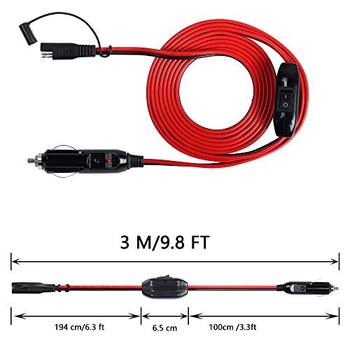SinLoon Cigarette Lighter SAE Battery Charger Cable with Switch, 12V, 10FT