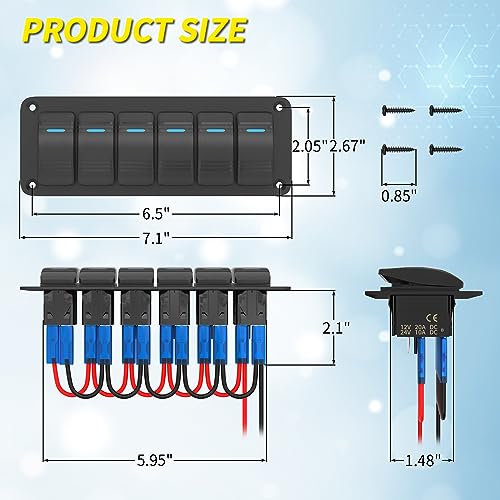 Joinfworld 6 Gang Rocker Switch Panel 12V Marine Boat Switch Panel Waterproof 12 Volt Blue LED Light Toggle Switch Panel ON Off with Pre-Wired for Boat Automotive Car Truck RV UTV - style: 6 Gang