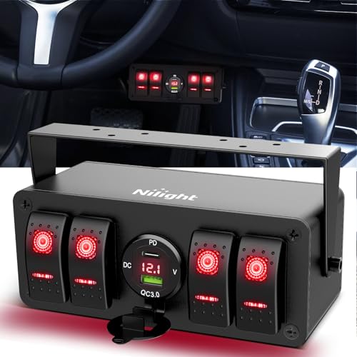 Nilight 4 Gang Rocker Switch Box 12V SPST ON Off Toggle Switches PD Type C and QC 3.0 USB Charger Voltmeter LED Light Waterproof Aluminum Mount Bracket Panel DIY Stickers for Boat Car RV Truck - color: Red+Box, size: 4+1 Gang Type C +USB