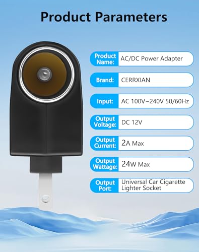 CERRXIAN AC to DC Adapter Wall Plug to 12V 24W Cigarette Lighter Converter 100-240V AC to DC 12 V Cigarette Lighter Adapter, AC/DC Power Converter