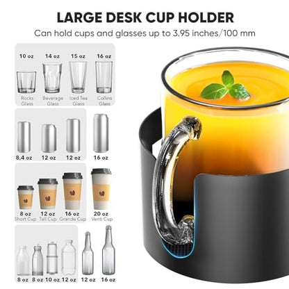 OOKUU Upgraded Large Desk Cup Holder Clamp, Anti-Spill Table Cup Holder, Metal Office & PC Gaming Desk Accessories, Compatible with Universal Cup, Bottles, Pencil Holder (Black) - color: Black, size: 3.95 inch