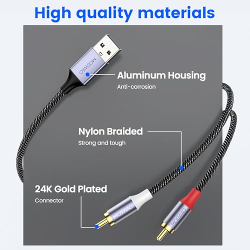 MOSWAG USB to RCA Audio Cable, USB 2.0 Male to 2 RCA Male Stereo Audio Cable Converter, Nylon Braided USB to RCA Adapter for PC, Laptop, DVD Player, Speaker, Power Amplifier 3.28FT/1Meter - size: 3.28 ft