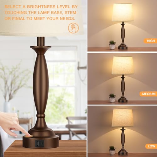 Bedroom Lamps for Nightstand, 3 Way Dimmable Brown Bedside Lamps with USB - color: I. Beige Shade & Brown Base, size: Medium（22.5 In）