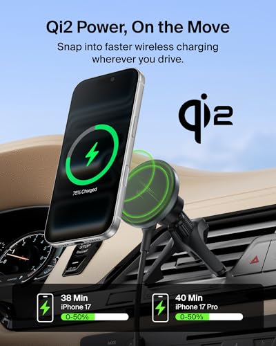 Belkin Qi2 15W Magnetic Wireless Vent Mount, Fast Charging Car Charger - style: Vent Mount