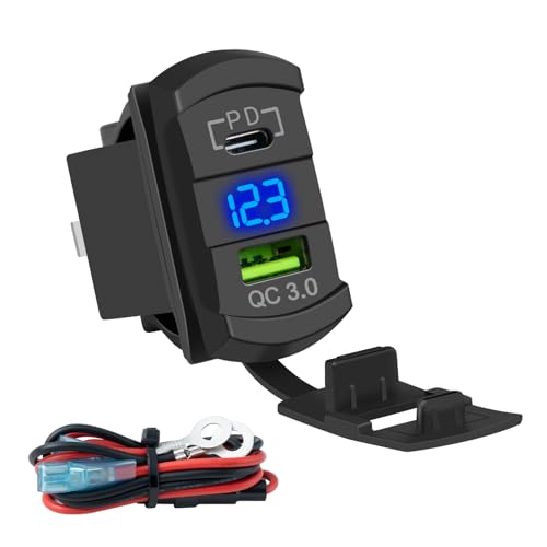FXC Rocker Switch Style USB Charger With 10A Fuse for Panel - 4.2A PD Type C 12V 24V Fast Quick Charge Socket Dual Charging Port for Car Boat ATV UTV (Type C + USB Voltmeter Blue) - style: Type C + USB Voltmeter Blue