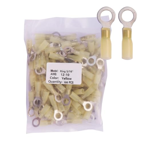 100pcs 5/16" Yellow Heat Shrink Ring Connectors,12-10 Gauge Tinned Red Copper 0.7mm Ring Terminals Connectors,Brazed-Seam Insulated Electrical Crimp Wire Terminals - color: Yellow, size: Ring 5/16"