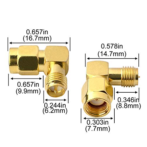 90 Degree Reverse Polarity SMA Coax Adapter RP SMA Male to RP-SMA Female Right Angle Connector for Audio FPV Drone Antennas Radio Video 2-Pack