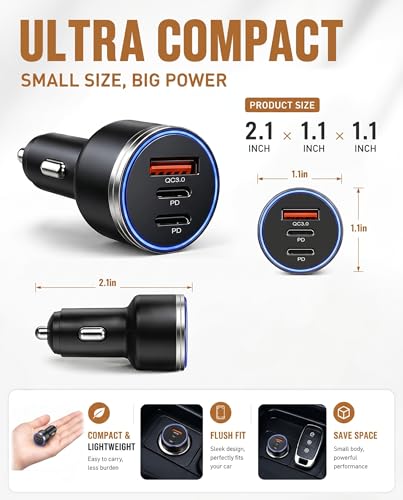 67W USB C Car Charger, 3-Port Fast Car Charger Adapter with PD 36W Independent + PD 30W Shared + QC3.0 18W, Compact Cigarette Lighter USB Charger for iPhone 17/17 pro/16, Samsung, iPad, Tablet, Switch