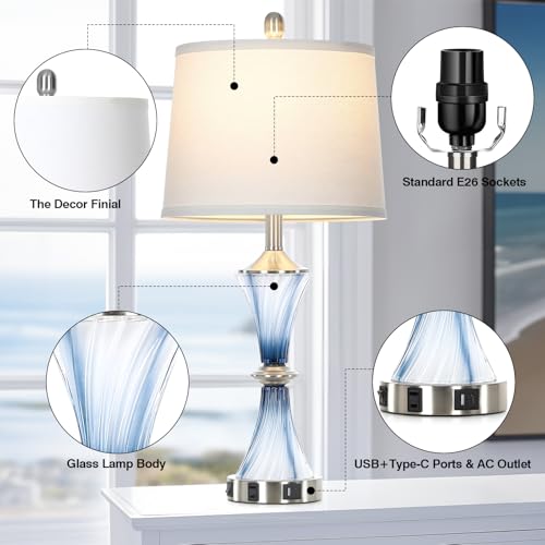 Rinweey Blue Glass Table Lamp with USB C+A Ports & AC Outlet,Coastal Bedside Lamp for Night Stands Bedroom Living Room,Nightstand Lamp LED Bulbs Included,Single Blue - color: Blue-1P