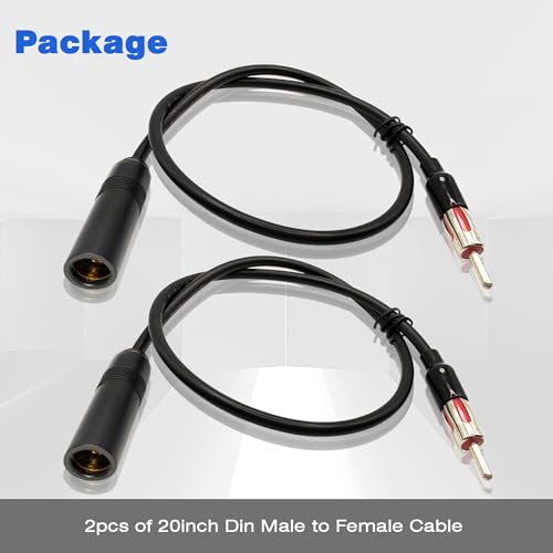 Radio Antenna Adapter Coaxial Cable, DIN Male to Female, 20 Inch Car Antenna Extension Cable for Auto Stereo, 2 Pack