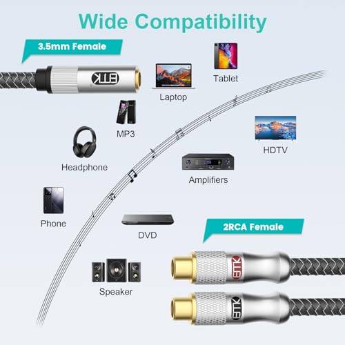 EMK 3.5mm Female to 2RCA Female Jack Stereo Audio Cable RCA to Aux Cable Gold Plated RCA Y Splitter for Smartphone,MP3,Tablets,HiFi Stereo System 3Ft/1M - color: 3.5mm Female to 2 RCA Female Silver, size: 3 Ft/1M, style: 3.5mm to 2RCA
