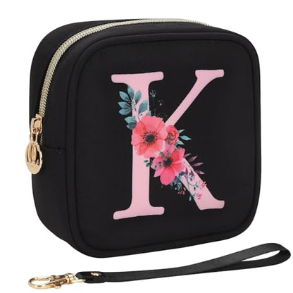 Relavel Initial Mini Makeup Bag for Girls, Small Makeup Bag for Purse with Zipper ＆ Removable Handle, Portable Makeup Pouch Lipstick Skincare Bag, Small Gift Cosmetic Bags for Women Girls(Black K) - size: A-Small, style: K