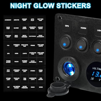 Upgraded 5 Gang Rocker Switch Panel - Dual QC 3.0 USB Charger, Digital Volmeter, 12V Outlet, Pre-Wired with Circuit Breakers for RV/Car/Boat/Truck, 2-Year Warranty (Blue) - color: Blue + Dual QC USB Charger
