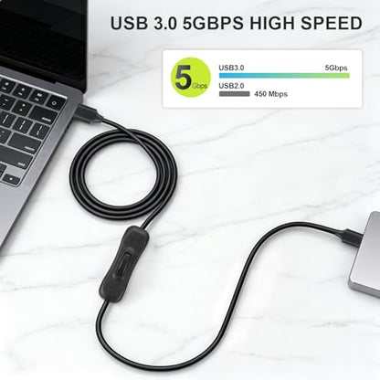 MECCANIXITY USB 3.0 Switch Extension Cable, USB A Male to Female Cord with On/Off Switch Support Data and Power for PC, TV, LED Strips, Laptops, Fan, Car (39.37"/1m, Up Angle)