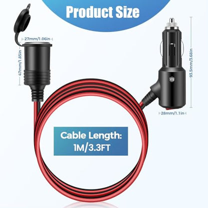 3.3Ft/1M Cigarette Lighter Extension Cord with On Off Switch 12V/24V Male to Female Socket 16AWG Heavy Duty Extension Cable - size: 1m/3.3ft